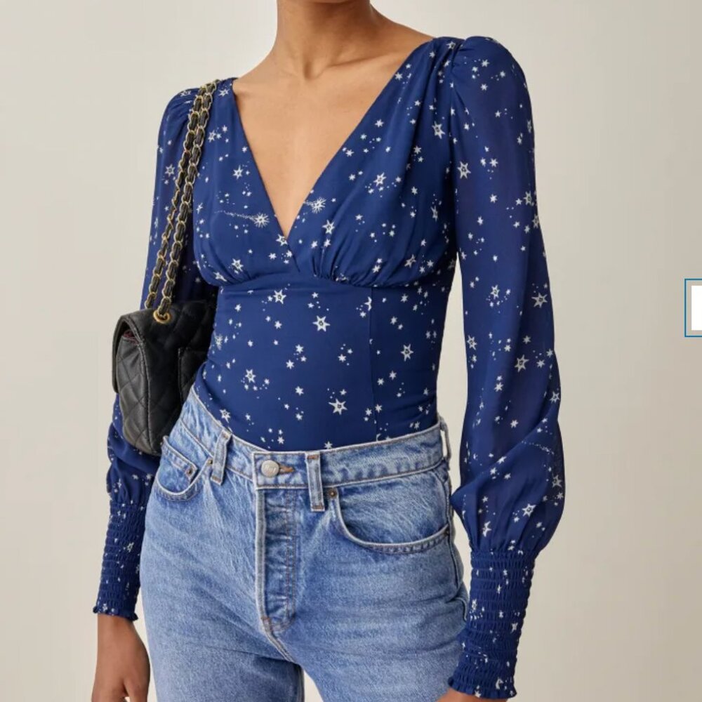 Reformation Michel Top Long Sleeve Blue Top in Starry Night - Picture 2 of 8